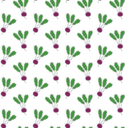 Radish seamless pattern with leaves on a white background. Contours from one line. Vegetable texture. Vector.のイラスト素材