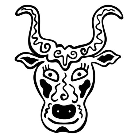 Isolated mystical hand drawn bull head with patterns. Black-white zodiac sign Taurus. Horned animal. Logo, tattoo, coloring book and print design. Vector.のイラスト素材