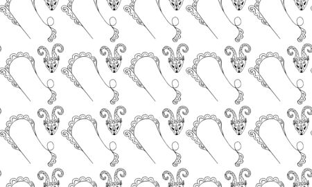 Seamless black and white Capricornus zodiac sign symbols. Goat ornamental head and astrological emblem. Monochrome texture for textile, wallpaper, fabric and wrapping paper.のイラスト素材