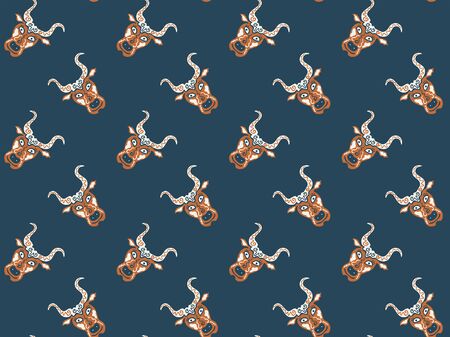 Seamless pattern of hand-drawn mystical heads of bulls hand-drawn on a dark background. Symbols of the zodiac sign Taurus. Cattle. Orange and cream colors. For fabric, clothing, wrapping paper. Vectorのイラスト素材
