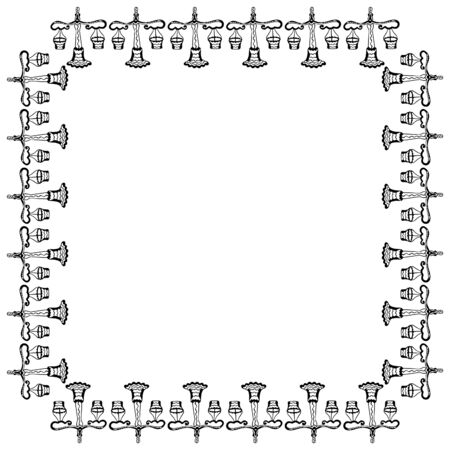 Square frame from hand-drawn vintage antique scales. Black and white symbols of the zodiac sign Libra, justice and equilibrium. Template with place for text. For banner, advertisement etc. Vector.のイラスト素材