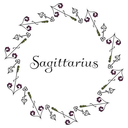 Round emblem of the zodiac sign Sagittarius. Antique hand-drawn arrows arranged in a circle and the name in the center. Mystical zodiacal symbolism. Vector.のイラスト素材