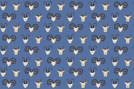 Seamless pattern of hand-drawn lamb, goat and bull heads with white faces in ethnic style on a light blue background. Mystical animals. For fabric, textile, labels, wallpaper, wrapping. Vector.のイラスト素材