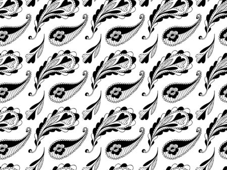 Seamless black and white pattern of hand-drawn indian paisley cucumbers and abstract flowers. Oriental meditative ornament for fabric, textile, clothing, wallpaper, etc. Vector.のイラスト素材