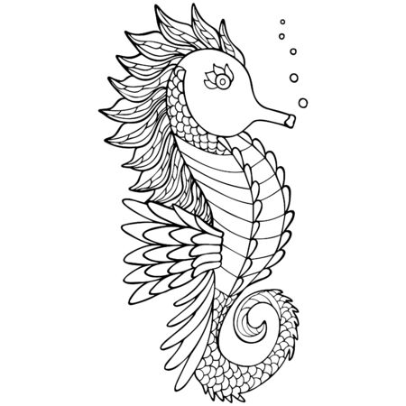 Black and white hand-drawn seahorse with bubbles style. Patterned freshwater ray-finned fish. For coloring, tattoo, design, print on t-shirts. Vector.のイラスト素材