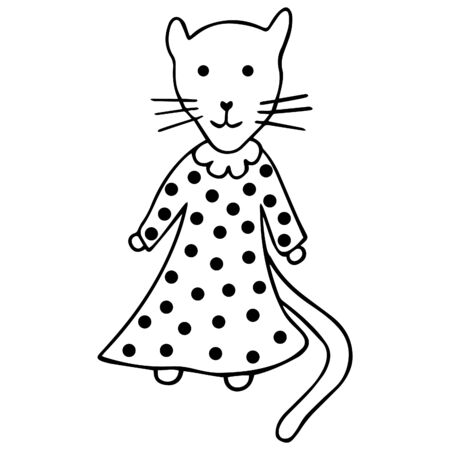 Black and white contour panther drawn by hand in a long dress with polka dots to the floor. Children's funny doodle for coloring book.のイラスト素材