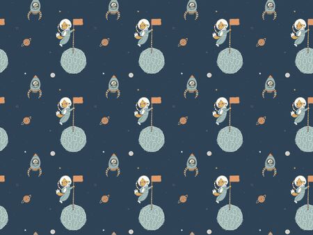 Dark space seamless pattern of foxes astronauts in spacesuits setting flags on the moons, foxes in missiles catching stars, Saturn and Pluto. For children's clothing, fabric, wallpaper, etc. Vector.のイラスト素材