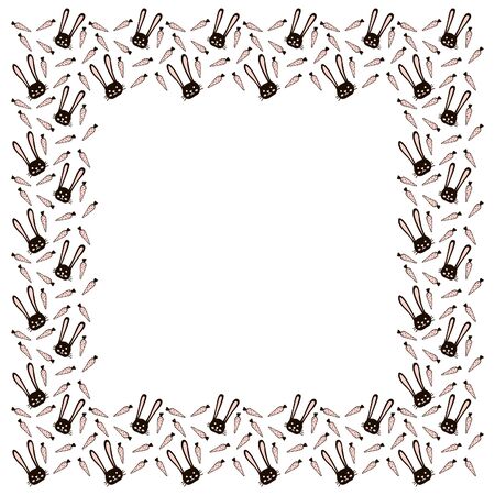 A square isolated frame in Scandinavian style from black portraits of a hare with rosy cheeks and pink carrots on a white background. Hand-drawn doodles. Vector.のイラスト素材