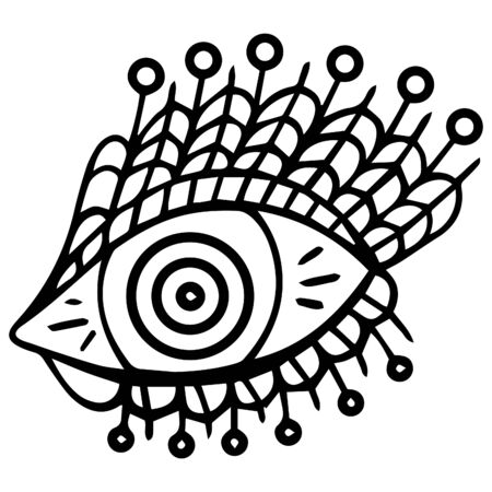 Black and white elegant all-seeing eye, hand-drawn in the style of boho with a spiral in the pupil, symbolizing the vital creative force and a decorative lace flange for centuries. Vector.のイラスト素材