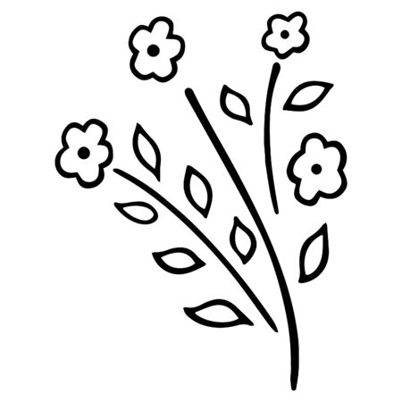 Black and white floral abstract doodle in scandinavian style. A small bush with flowers and leaves. Botanical design element for print, tattoo, coloring page,  etc. Vector.のイラスト素材