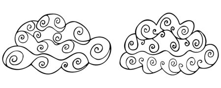 Set of two stylized doodle clouds with swirls in black and white colors. Isolated clip art in scandinavian style. For book and coloring page, children's design. Vector.のイラスト素材