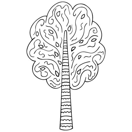 Black and white stylized lush tree ornament. Hand-drawn birch, oak or alder. Isolated floral design element, coloring book, print, tattoo, decoration, eco packaging . Vector.のイラスト素材