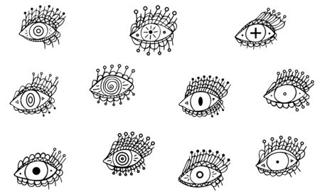 Set of eleven magical all-seeing eyes in black and white. Mystical isolated clip art hand-drawn. Occult collection for esoteric design. Witchcraft Symbolism. Vector.のイラスト素材