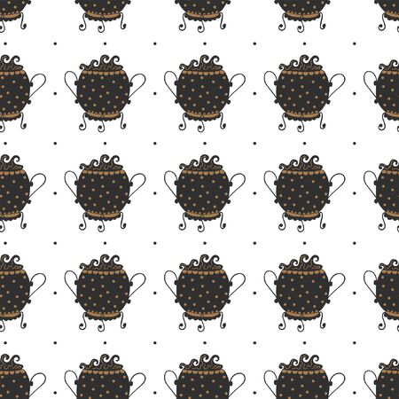 Seamless pattern from black brown witchcraft cauldrons with magic potion boiling in them on a white background. Endless elegant mystical texture. Ancient utensil. Cast iron pots. Vectorのイラスト素材