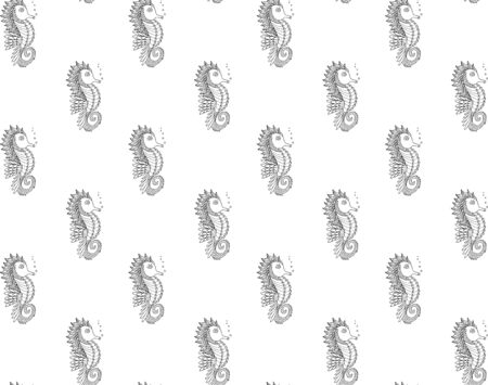 Seamless pattern of black contour hand-drawn seahorses with   bubbles on a white background. Endless texture from ornamental freshwater ray-finned fish. Vector.のイラスト素材