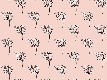 Seamless pattern of black and white stylized forget-me-not with blossoming buds and leaves on a soft pink background. Texture of beautiful flowering garden and wild flower. Floral doodles. Vector.のイラスト素材