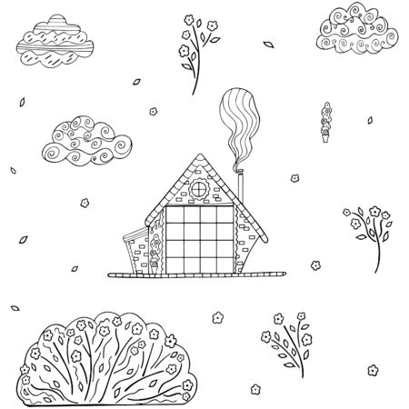 Black and white hand-drawn set in Scandinavian style from a rustic house with smoke from a chimney, potted plant, clouds, bush, flowers, leaves, buds. Isolated clip art of monochrome doodles. Vector.のイラスト素材