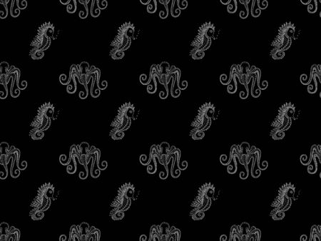 Elegant seamless pattern of white contour octopuses and seahorses with bubbles in  style on a black background. The inhabitants of the sea and ocean. For fabric, clothing, wallpaper. Vector.のイラスト素材