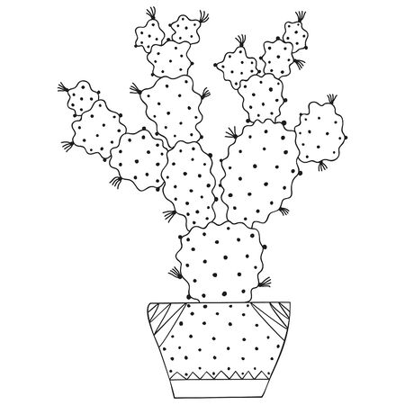 Black and white succulent Opuntia in a pot. Cactus with long spikes in the Scandinavian style. Tropical houseplant for coloring page. Vector.のイラスト素材