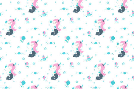 Kind seamless pattern of cute little mermaid girls catching starfish, shells and fish. Beautiful sirens with pink hair and the underwater world. Scandinavian style. For a baby shower. Vector.のイラスト素材