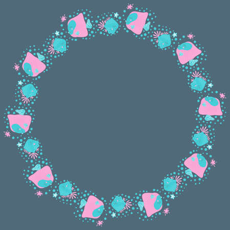 Cute round frame of cheerful smiling floating fish, bubbles and starfishes. Cartoon magical underwater world on a dark background in the Scandinavian style. Copy space. Children's design. Vector.のイラスト素材