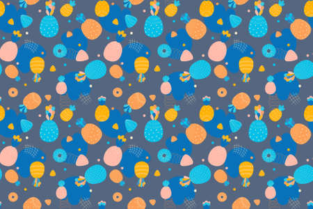 Childish seamless pattern of abstract cartoon whole pineapples and their slices and geometric shapes on a dark background. Fun endless texture. Vector.のイラスト素材