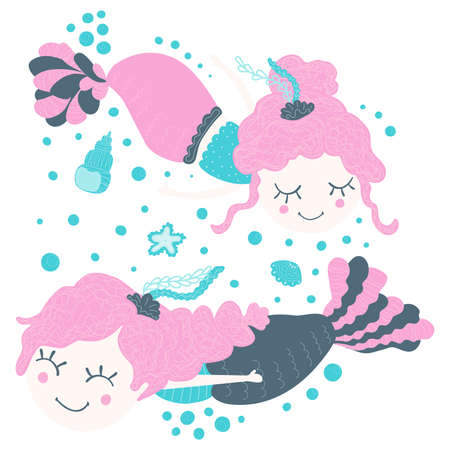 Children illustration of two cute funny girls mermaids swimming under water with shells, bubbles. Vector cartoon isolated clip art. White background.のイラスト素材