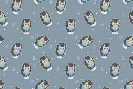 Childish seamless pattern of cute little cartoon characters of hedgehogs skating on ice, Christmas trees with white outline and circles on a gray background.のイラスト素材