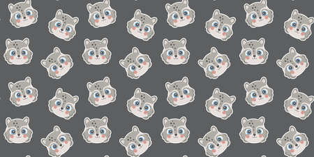 Seamless pattern of cartoon cute racoon faces with big opened blue eyes, ruddy cheeks and white...