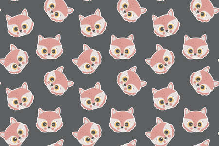 Seamless pattern of cartoon cute fox faces with big yellow eyes, ruddy cheeks and white outline like...