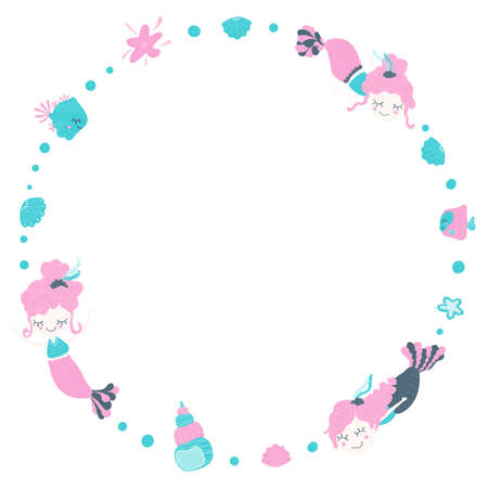 Cute round frame of amazing lovely girls mermaids with bubbles, seashells, fishes and starfish. Cartoon magical underwater world on a white background. Place for text. Copy space. Vector.のイラスト素材