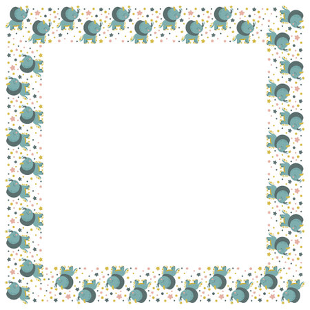 Square frame of little cute dinosaurs Triceratops looking up at stars and circles on a white background. Cartoon border of dino characters for nursery design, invitation, greeting card. Vector.のイラスト素材