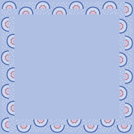 Square frame made of cute abstract rainbows on a gentle blue background with white drops. Isolated border with place for text in scandinavian style. Blank template. Vector.のイラスト素材