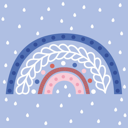 Cute abstract rainbow on a gentle blue background with white drops. Square template for poster, home decor, label, banner. Vector.のイラスト素材