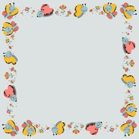 Square frame made of cute cartoon funny characters of butterflies, abstract flowers and doodles of hearts on a gray background. Summer stylish isolated template with place for text. Copy space. Vectorのイラスト素材