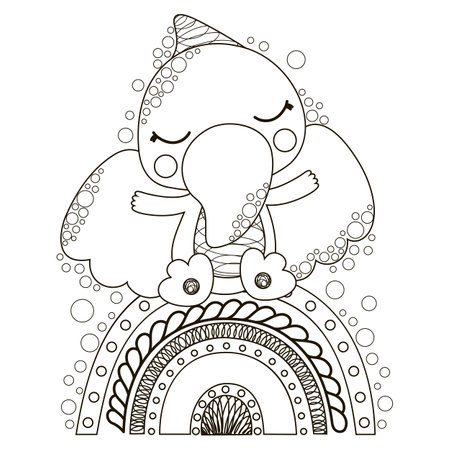 Cute isolated black and white children's illustration of cartoon pterosaur toddler sitting on a rainbow. For printing on baby clothes, nursery decor, coloring book and page, digital stamp. Vector.のイラスト素材