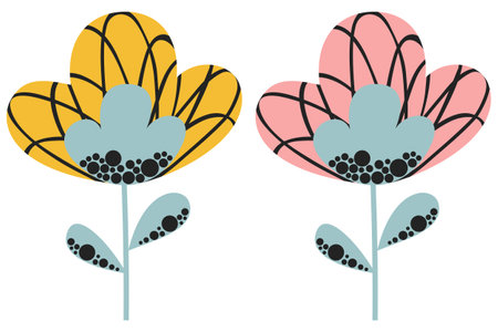 A set of two abstract stylized flowers with pink and yellow buds and pigeon gray stems in a Scandinavian style on a white background. Cute cartoon poppies or tulips. Vector.のイラスト素材