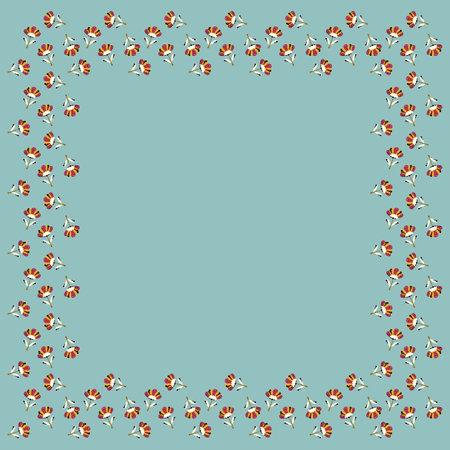 The square vintage frame of cute abstract tulip flowers decorated with shading and circles in fuchsia and yellow colors on a gray background. Children's spring, summer blank template for text. Vector.のイラスト素材