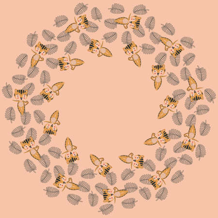 A round frame of little funny cartoon tiger cubs in Vasishthasana asanas and black contour palm leaves on a pinkish beige background. Orange kitties in yoga poses for card, poster, invitation. Vector.のイラスト素材
