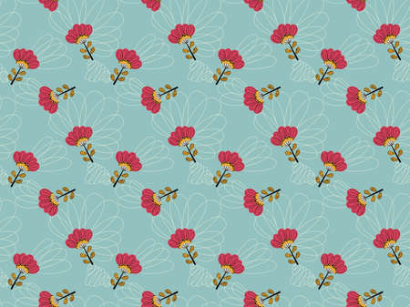 Seamless pattern of cute ornamental abstract peony or rose flowers, white hatching in fuchsia, and...
