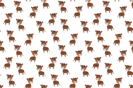 Seamless pattern of cute cartoon okapi characters smiling with rosy cheeks. Repeating African artiodactyl jungle animals on a white background. Vector.のイラスト素材