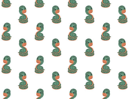 Seamless pattern of cute gentle green characters of a boas constrictor with a protruding tongues on a white background. Cute cartoon snakes. Endless childish texture. Vector.のイラスト素材