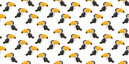 Seamless pattern of cartoon cute rainbow toucan characters with big yellow beak, smile and ruddy cheeks on white background. Exotic tropical birds. Digital paper. Vector.のイラスト素材