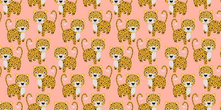 Seamless pattern of cute cartoon stylized leopards. Wild animals living in the jungle on a pink...