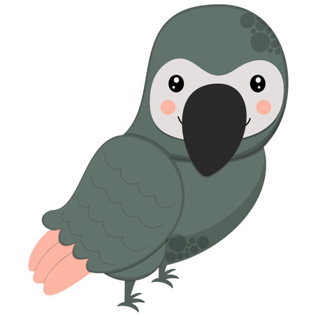 Cute cartoon character gray parrot on a white background. African bird for children's graphic design. Vector.のイラスト素材