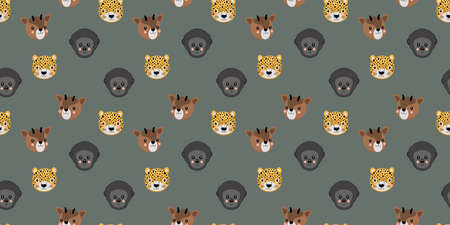 Seamless pattern of funny okapi, leopard, and western gorillas cartoon portraits on a gray background. Vector.のイラスト素材