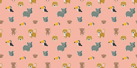 Seamless pattern of cartoon cute leopards, rainbow toucans, spider monkeys, and their faces with...