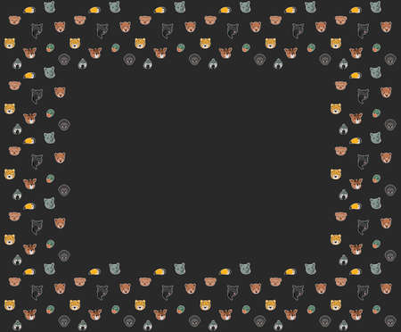 Vector rectangular frame of spider monkeys, rainbow toucans, gray parrots, rhinos, leopards, okapis,...