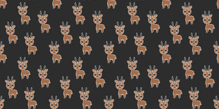 Cartoon seamless pattern of cheerful baby Dorcas gazelles with white outlines like stickers on a black background. African cloven-hoofed animals. Vector.のイラスト素材