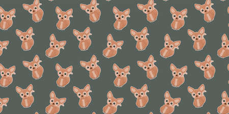 Seamless pattern of cartoon cute African fennec foxes with ruddy cheeks on a gray background. The...